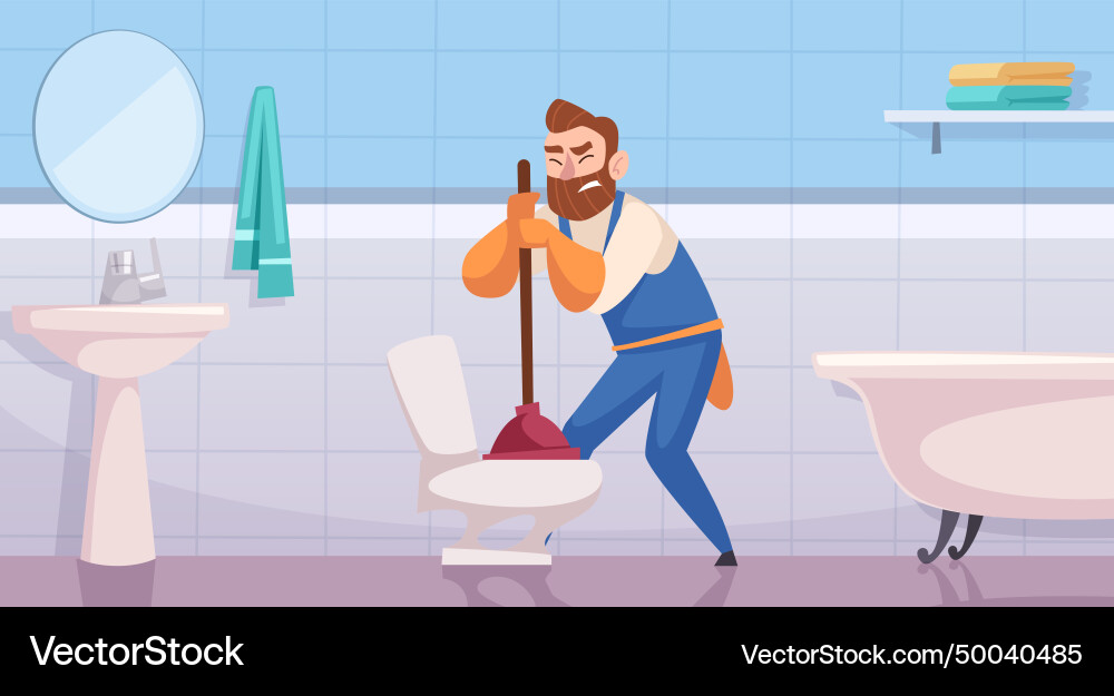 Plumber worker clean toilet background Royalty Free Vector
