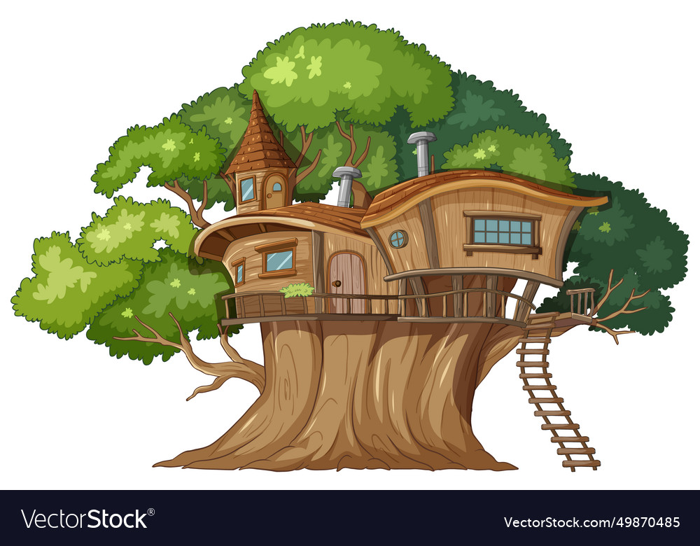 Whimsical Treehouse Nestled Among Vibrant Green Vector Image