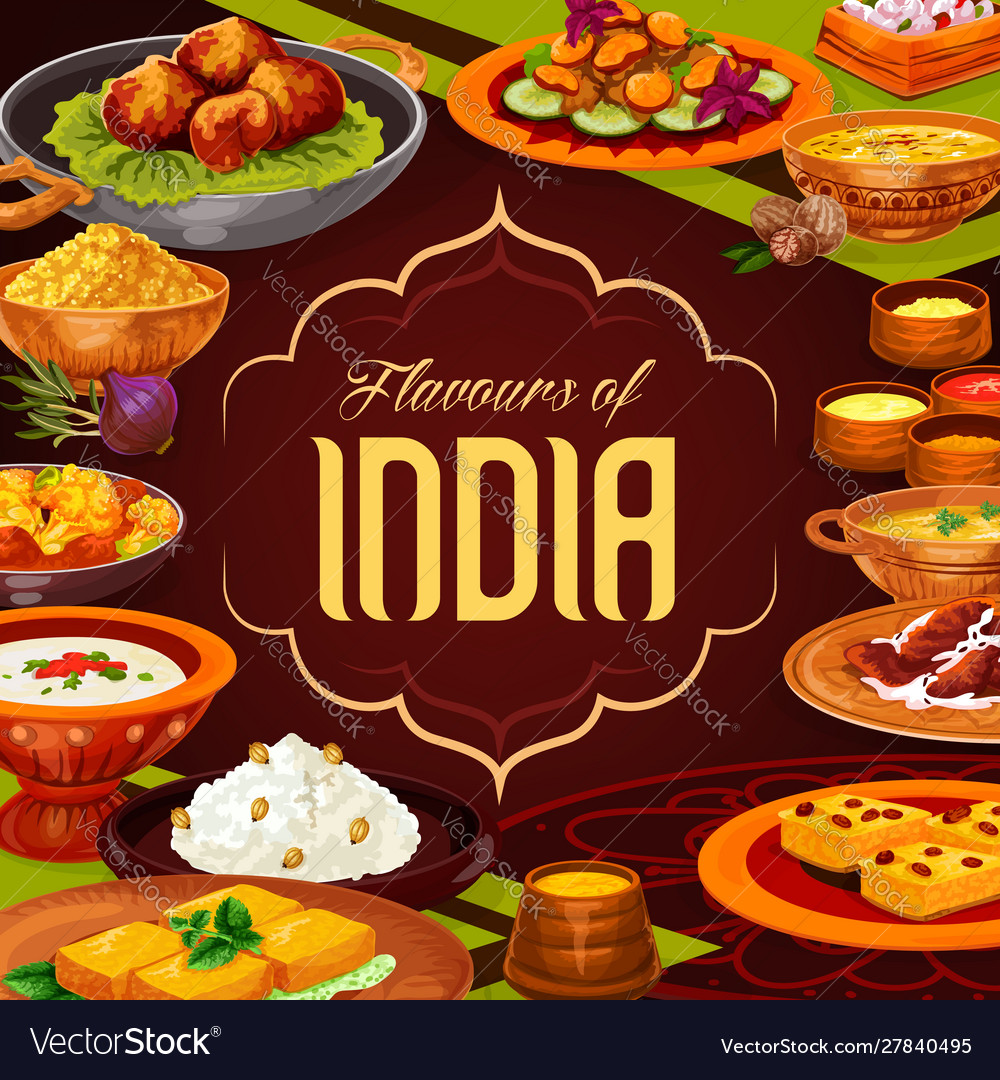 Indian cuisine rice and curry dishes with dessert Vector Image