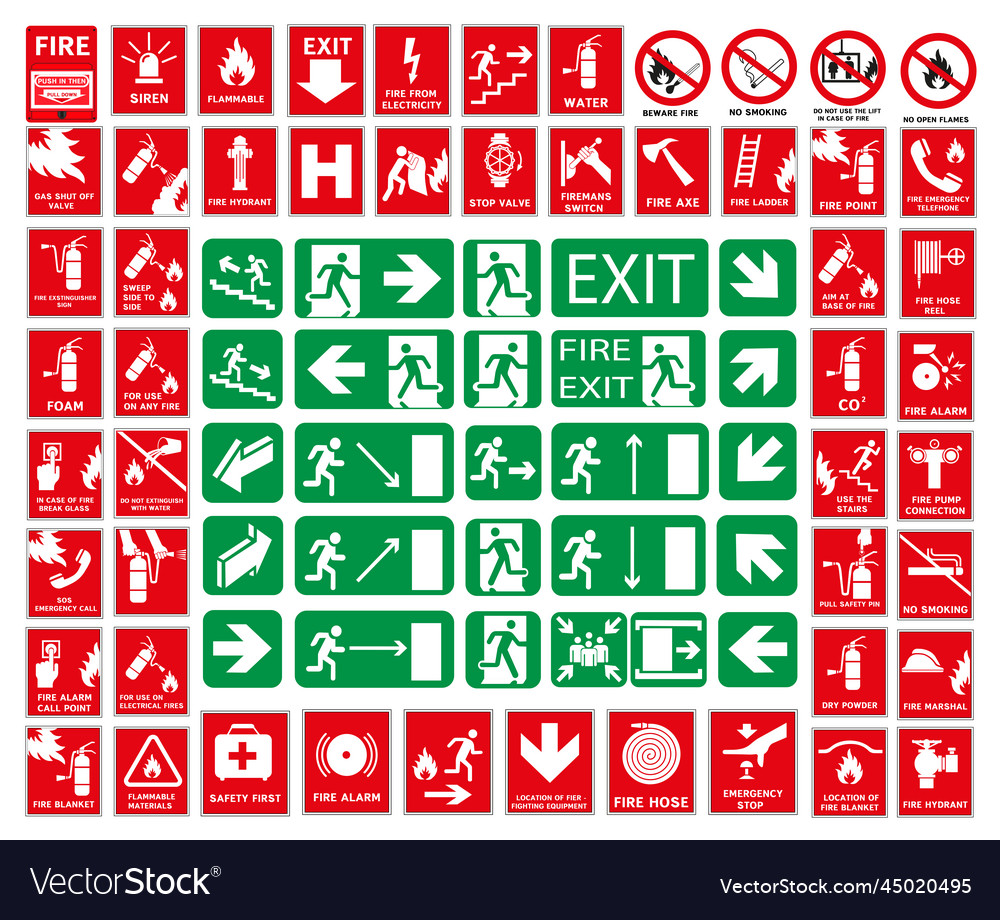 Set of emergency exit signs in case of fire Vector Image