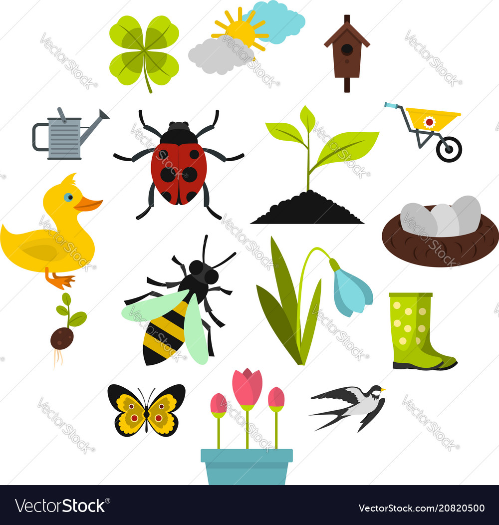 Spring icons set flat style Royalty Free Vector Image