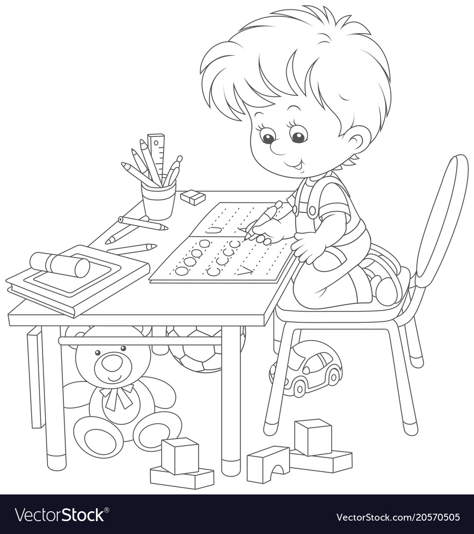 Boy Doing Homework After His Game With Toys Vector Image
