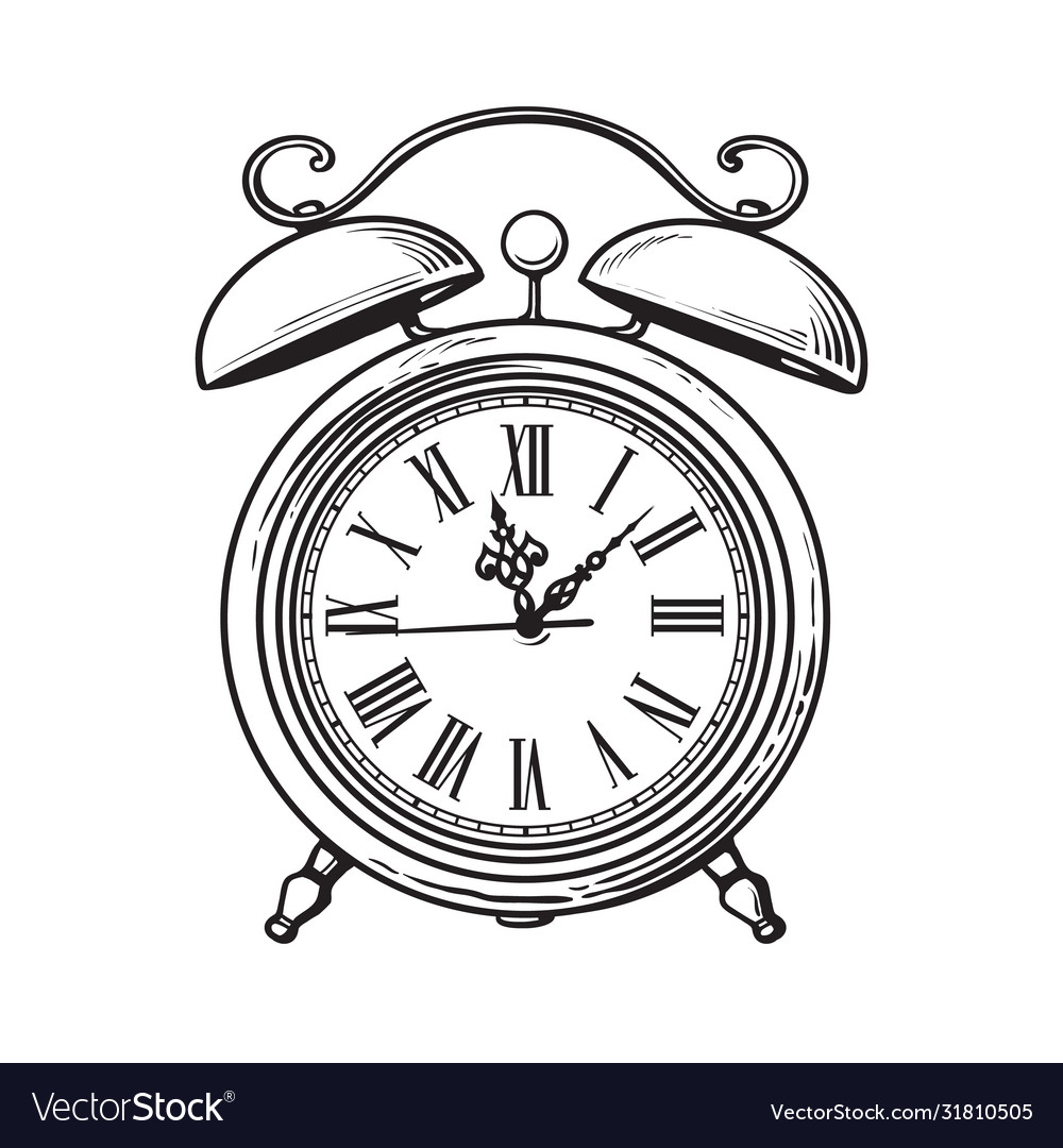 Sketch old alarm clock hand drawn Royalty Free Vector Image