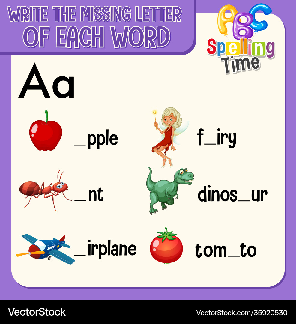 Fill missing letter each word worksheet Royalty Free Vector