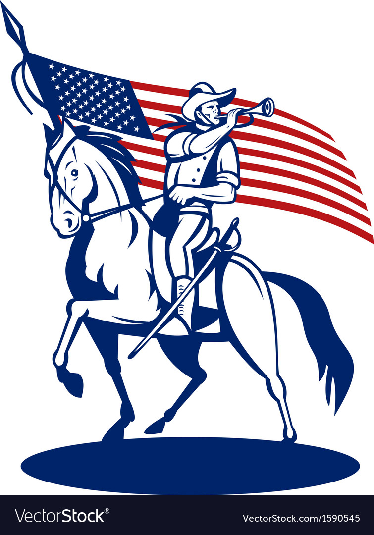 American cavalry soldier riding horse bugle and Vector Image