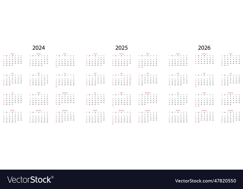 Calendar 2024 2025 2026 Royalty Free Vector Image