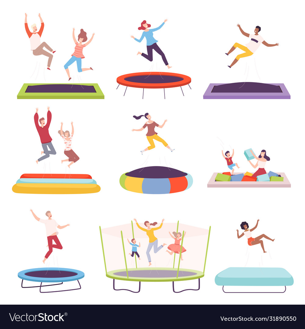 Happy people jumping on trampoline men women and Vector Image