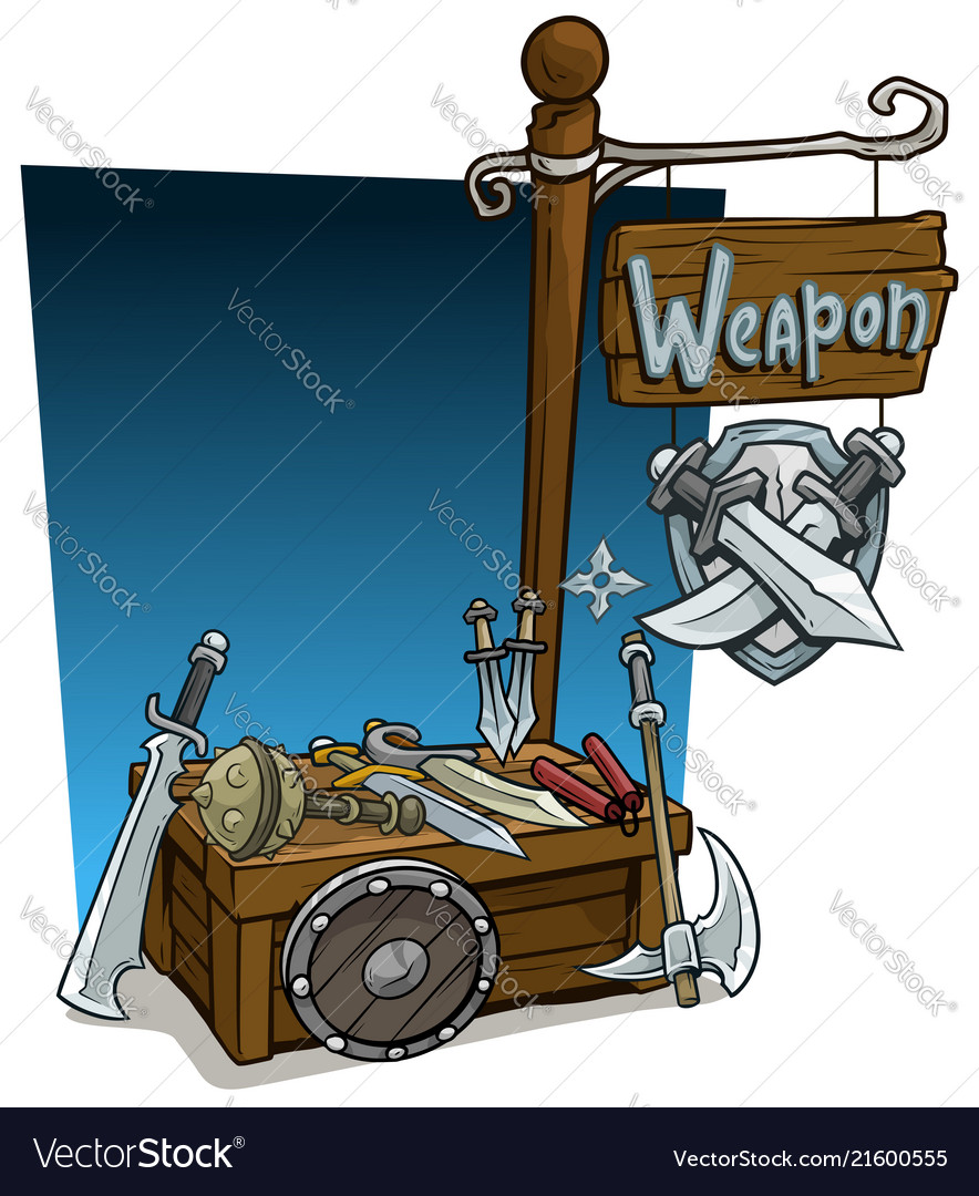 Cartoon weapon vendor booth market wooden stand vector image Cartoon weapon vendor booth market wooden stand