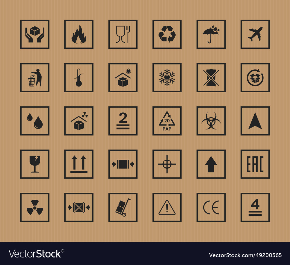 Packaging sign symbols set on cardboard background