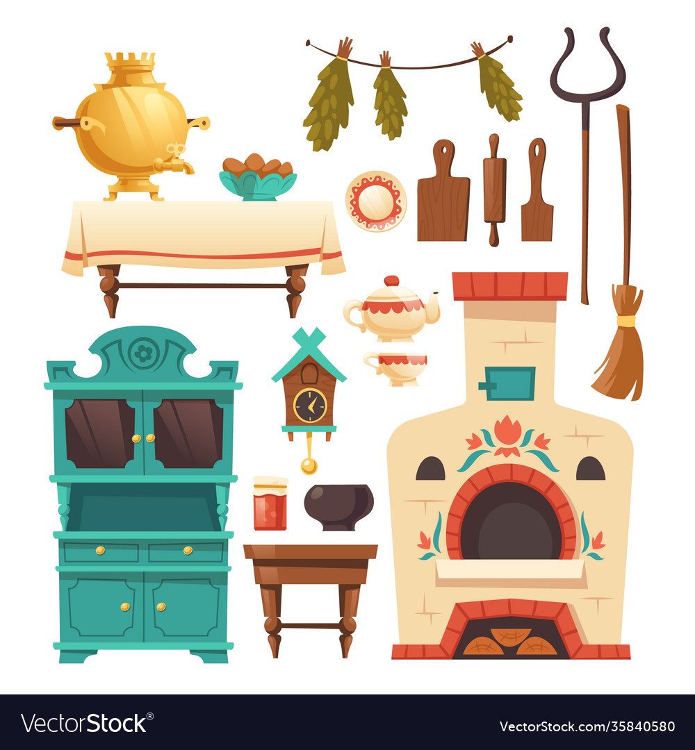 Interior elements old russian kitchen with oven Vector Image Interior elements old russian kitchen with oven Vector Image