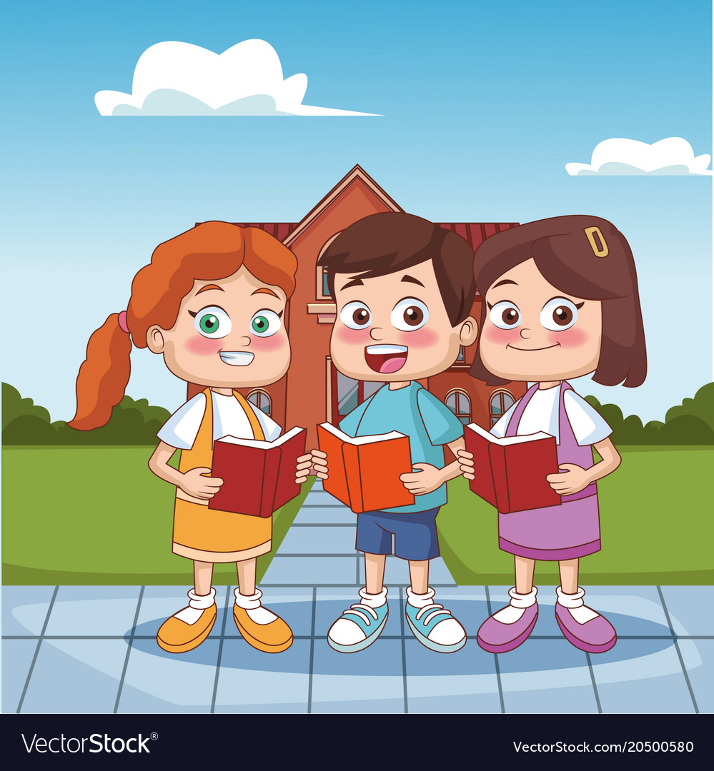 Students kids outside school building Royalty Free Vector