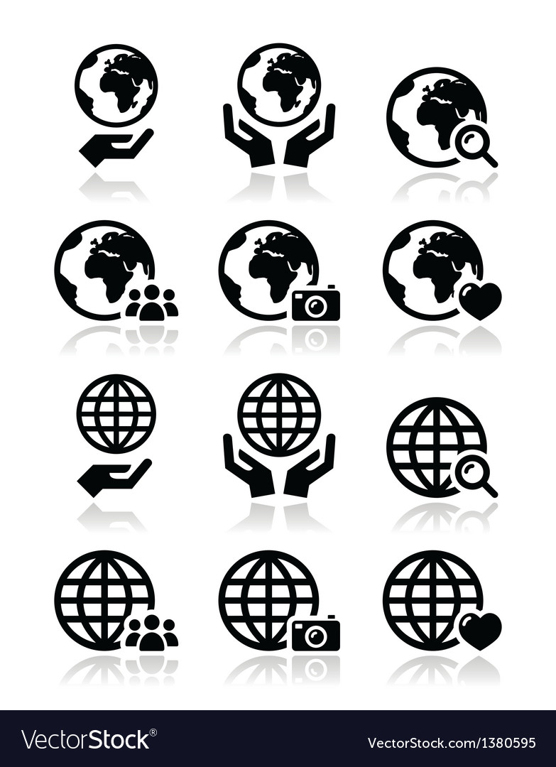 Globe earth with hands icons set with refle