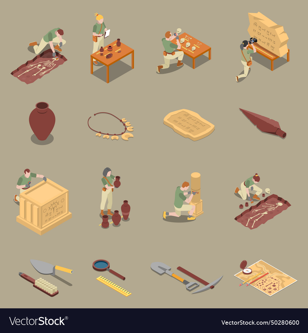 Archeology isometric icons set Royalty Free Vector Image