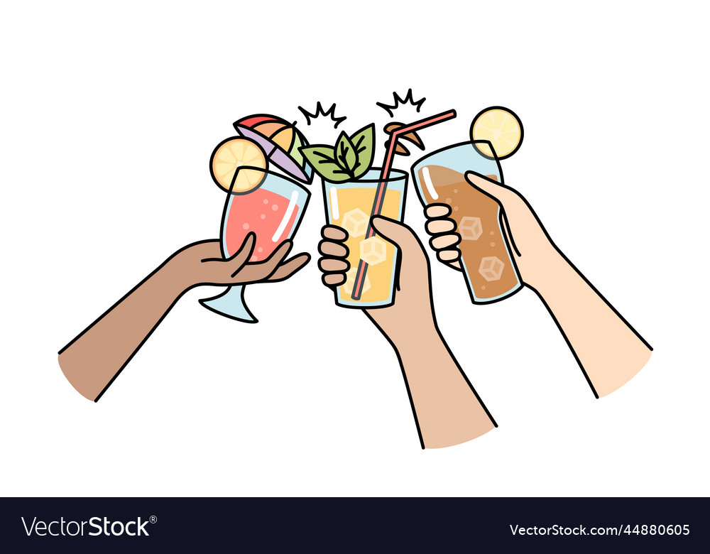 Hands of multiracial people clink glasses vector image Hands of multiracial people clink glasses
