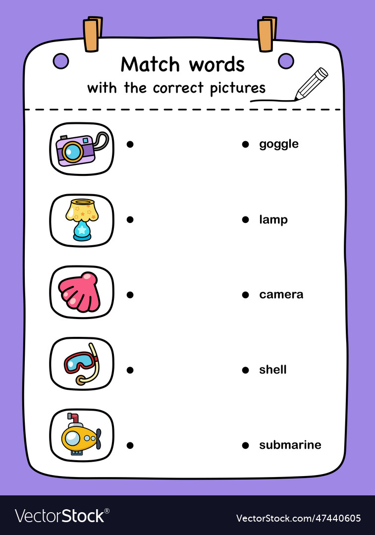 Match words with the correct pictures Royalty Free Vector