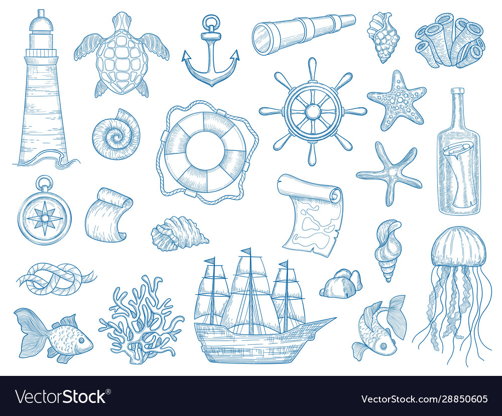 Nautical collection sailing boats hand drawn vector image Nautical collection sailing boats hand drawn