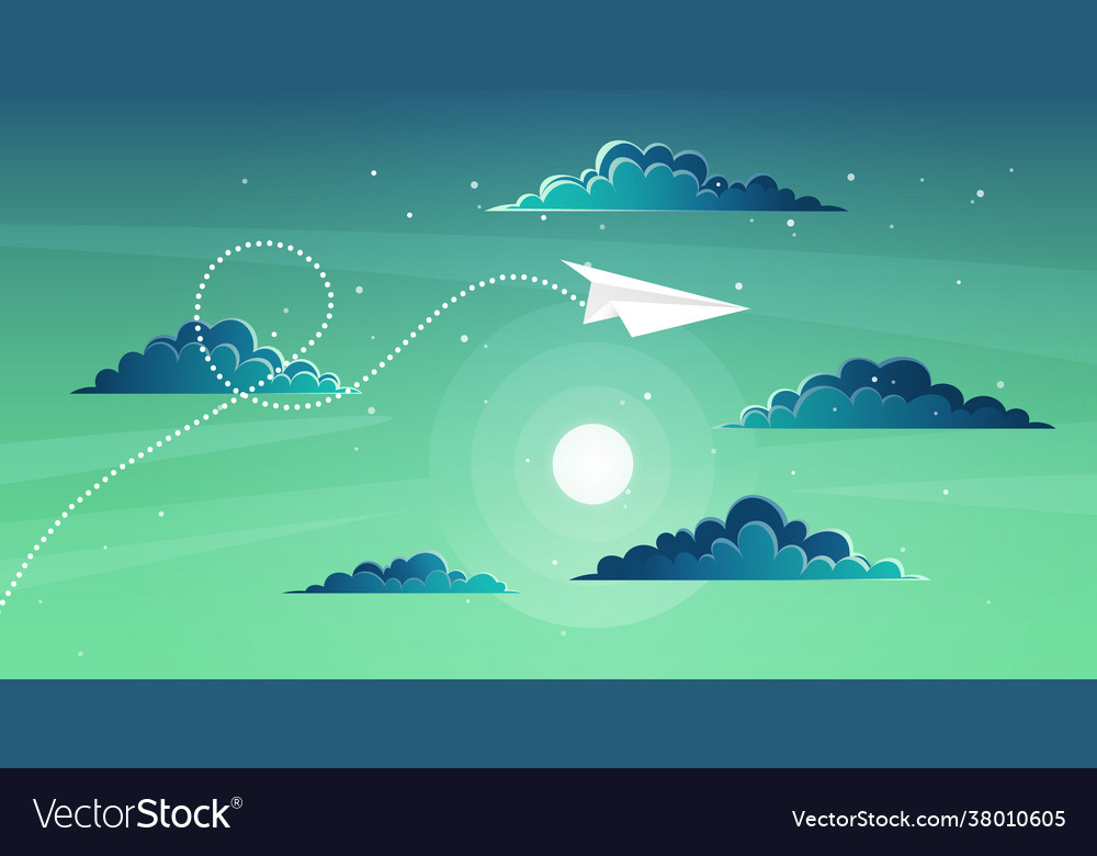 Paper plane flying over sunset sky landscape Vector Image