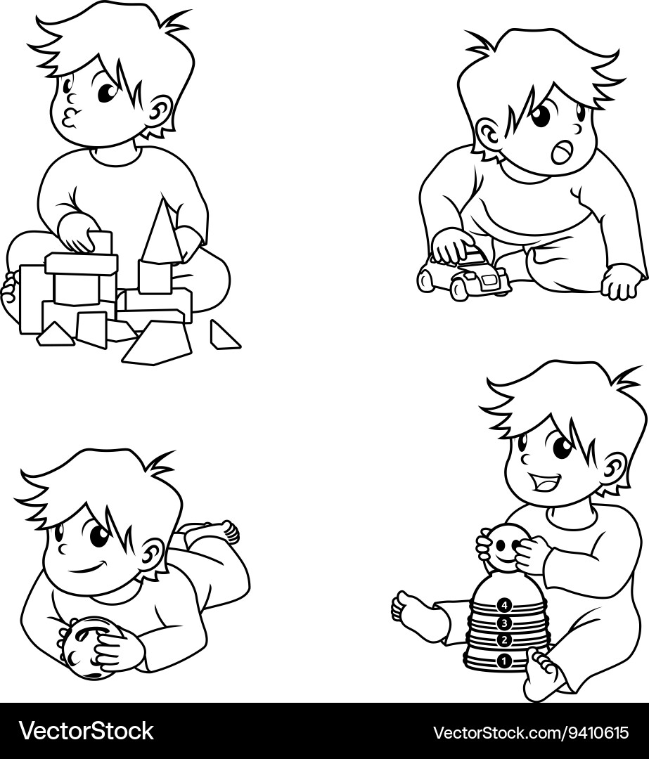 Babies playing toys outline Royalty Free Vector Image