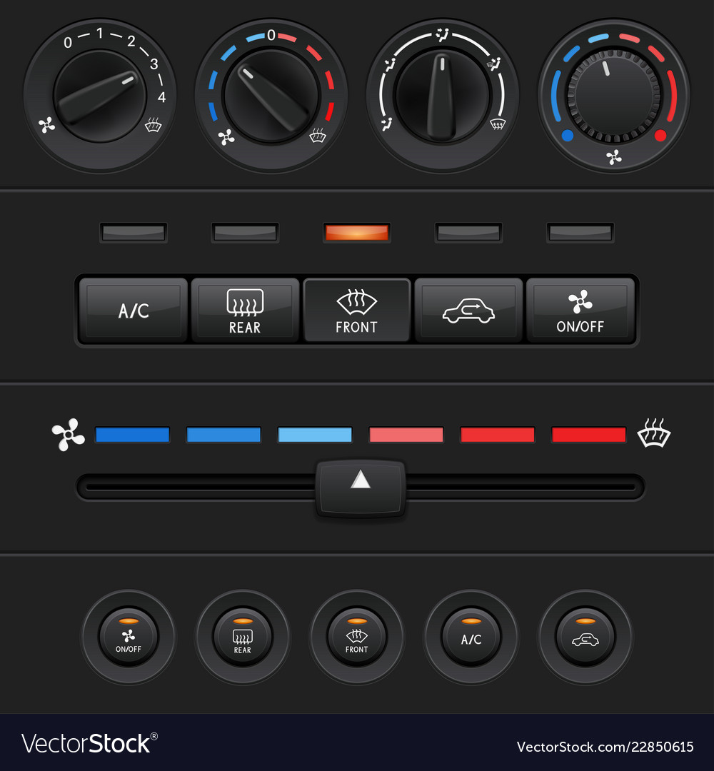 Car dashboard elements with black push buttons and