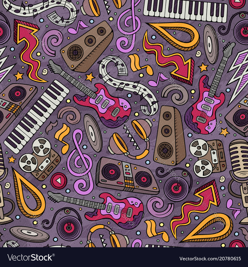 Cartoon hand-drawn disco music seamless pattern