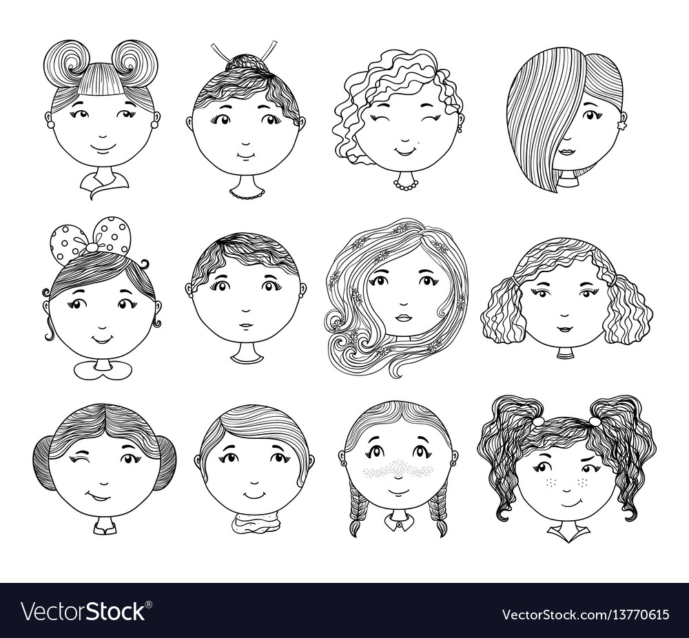 Set hand drawn girl faces cartoon girls Royalty Free Vector