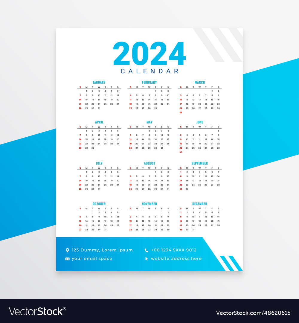 White and blue 2024 annual schedule calendar Vector Image