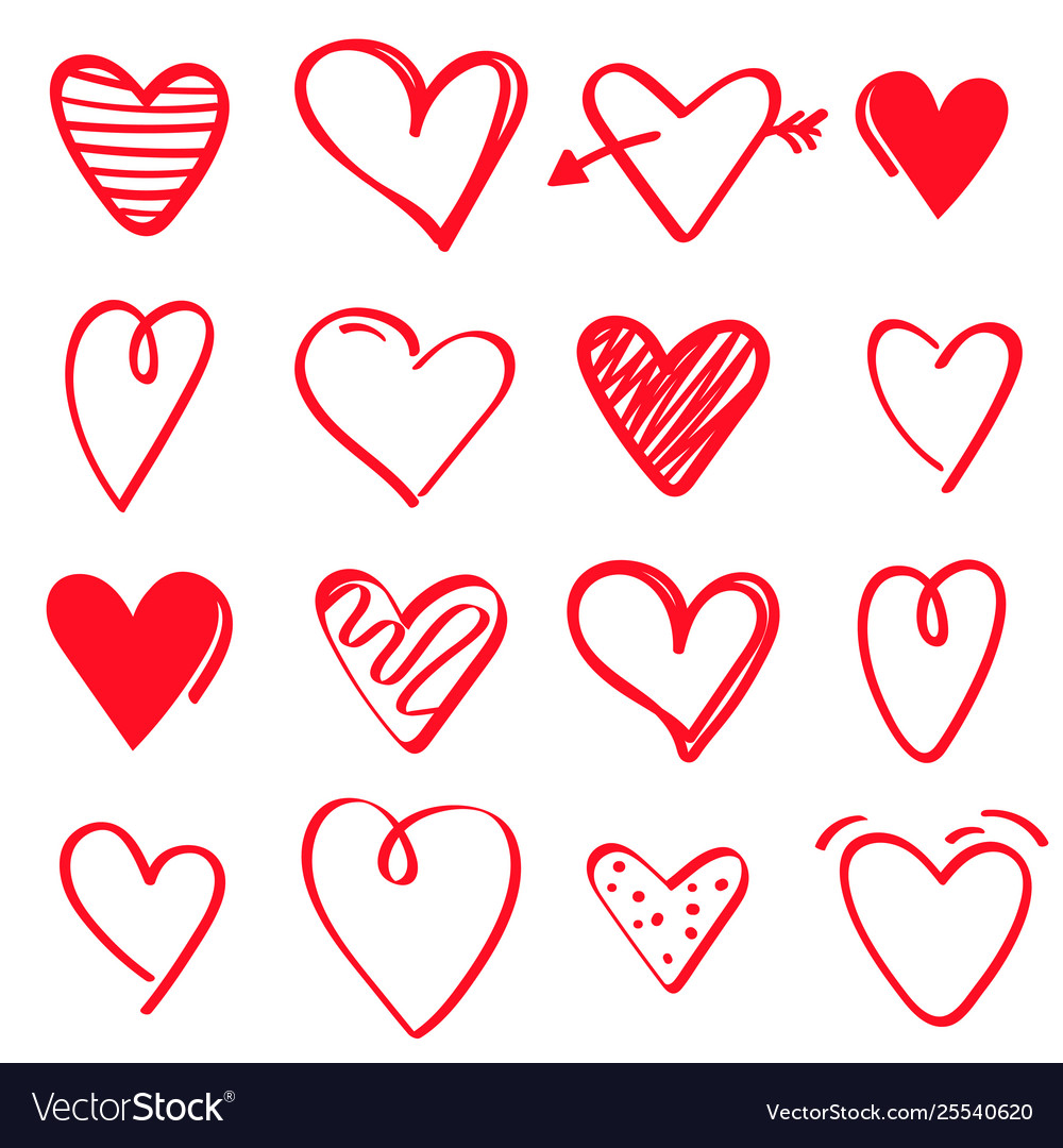 Set red hand drawn hearts on white background