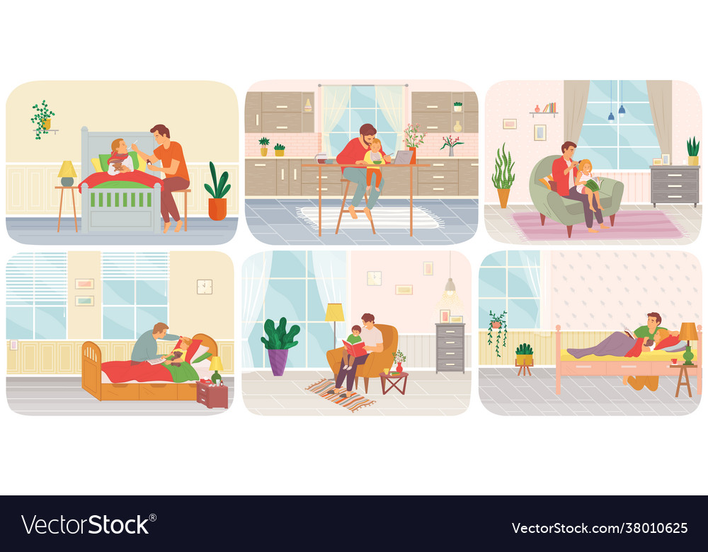 Fathers taking care their children set daddies Vector Image