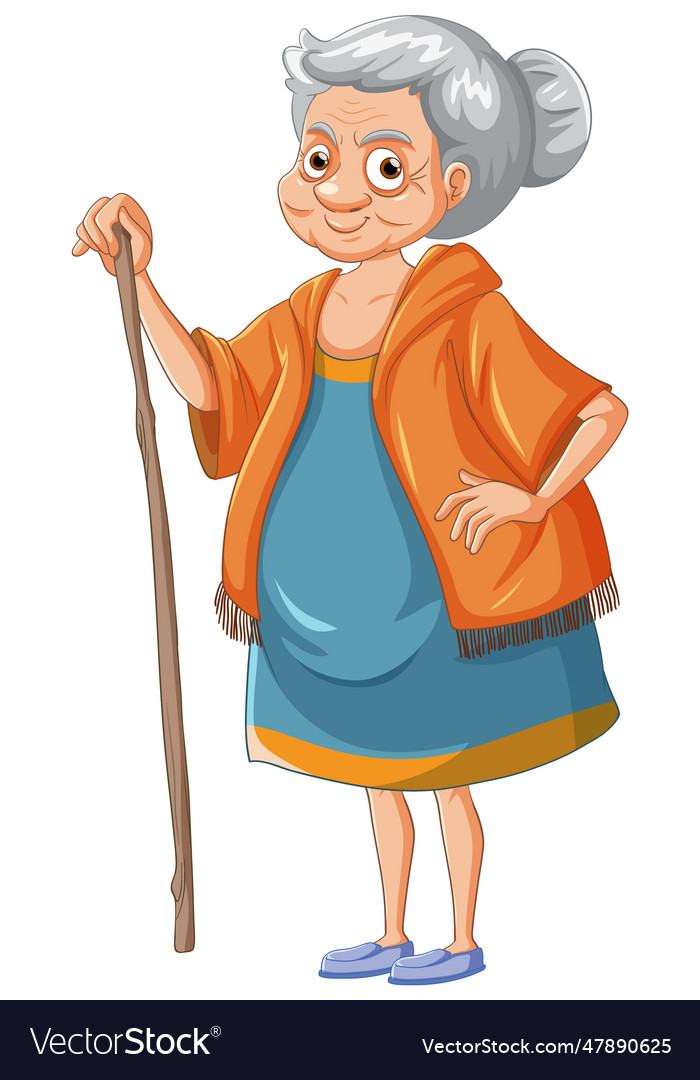 Kind old woman cartoon character with woody stick Vector Image