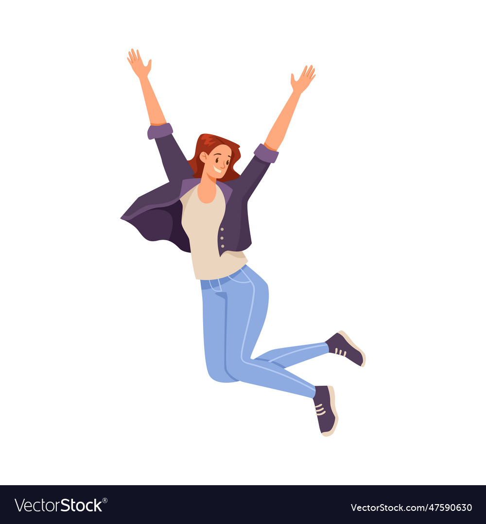 Happy girl student jumping feeling happiness