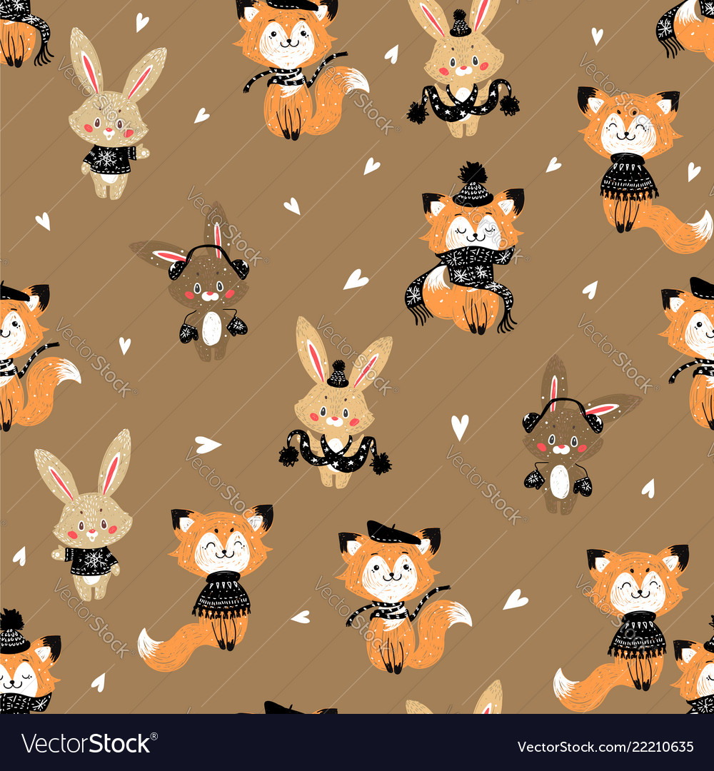 Seamless pattern with cute bunny and fox in scarf vector image Seamless pattern with cute bunny and fox in scarf