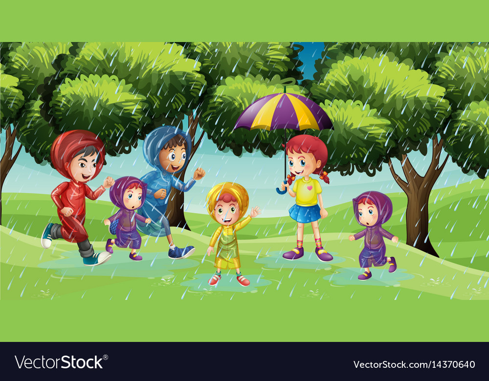 Park scene with children running in the rain Vector Image