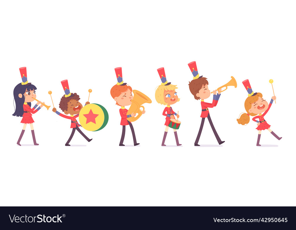 Parade of cute band of marching kids in red Vector Image