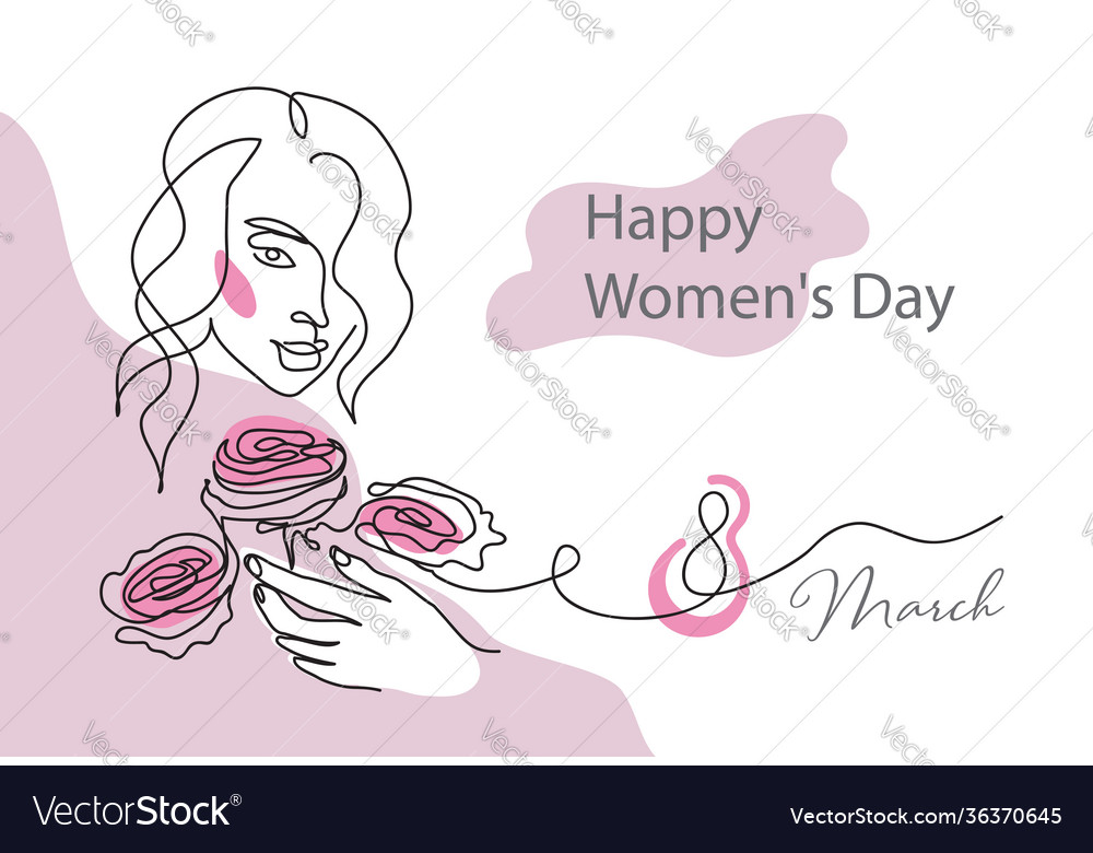 Womens day card with face line art and roses Vector Image