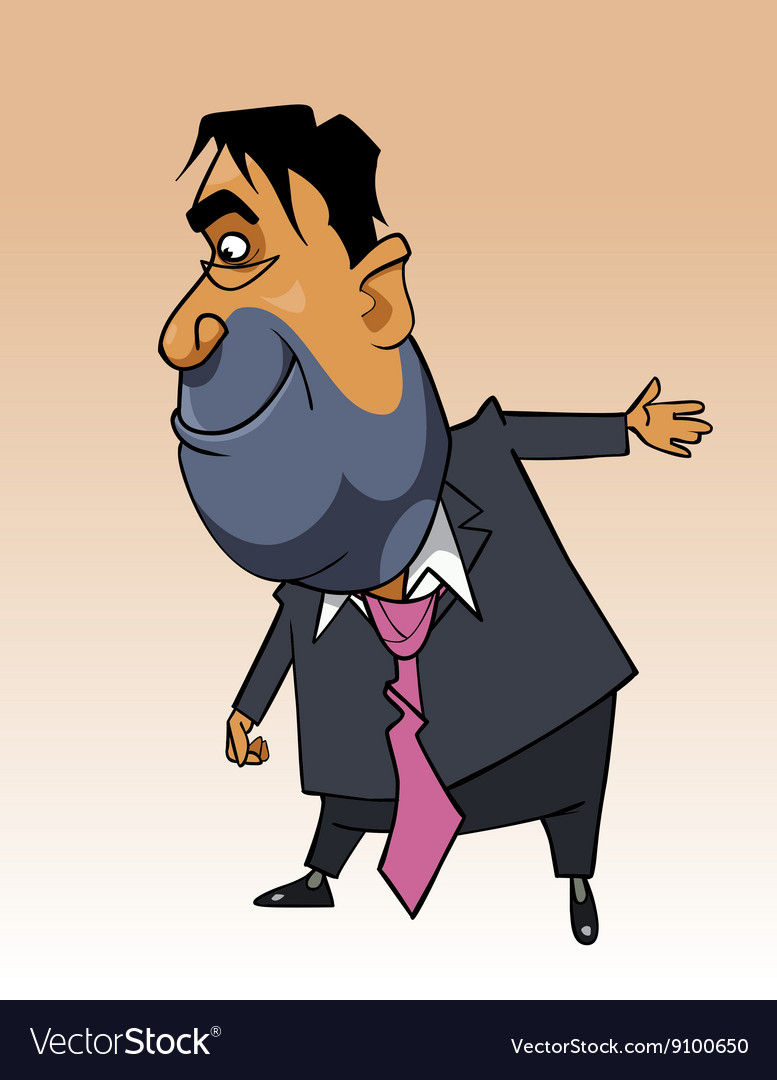 Cartoon man in a suit shows hand toward Royalty Free Vector