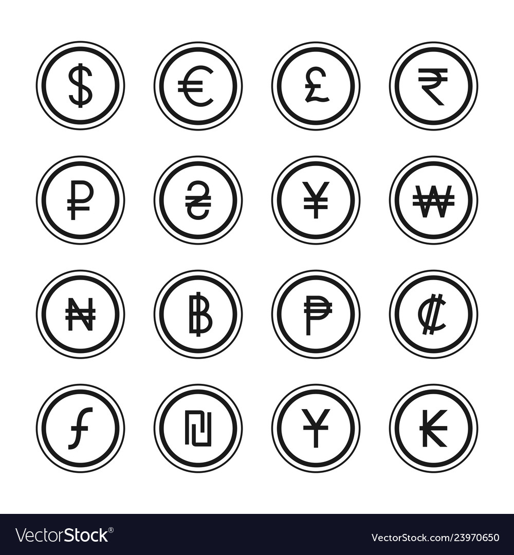 Collection of currency icons and symbol