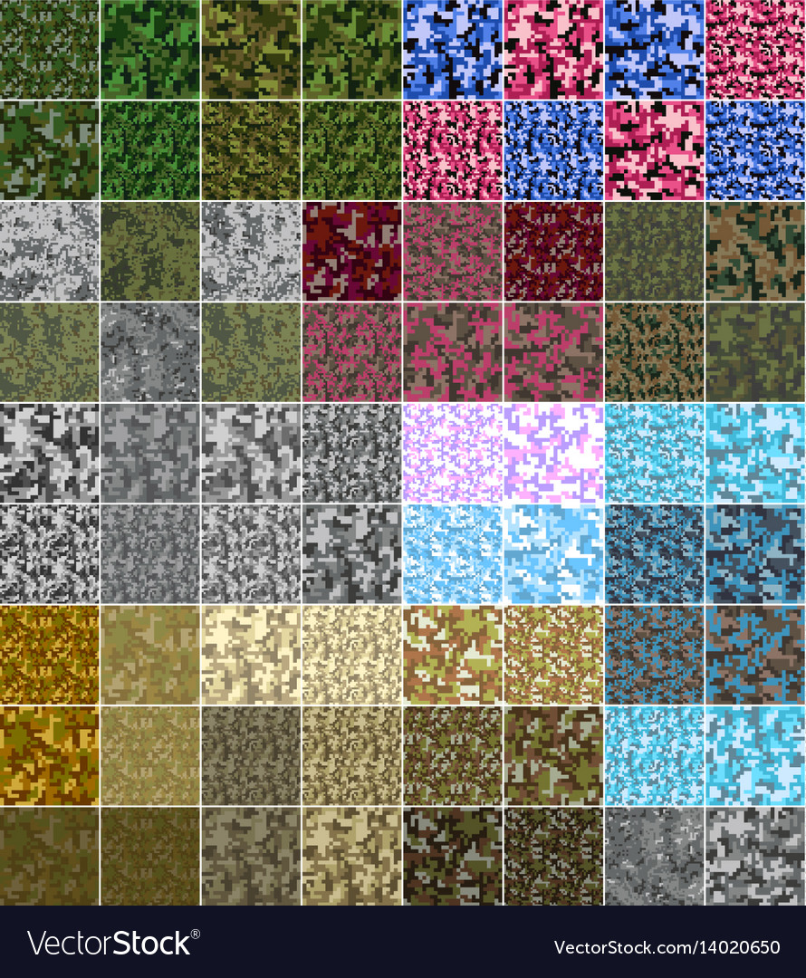 Pixel camo seamless pattern big set green forest