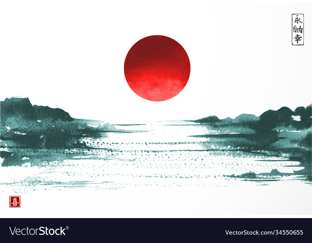 Landscape with lake view with big red sun in asian