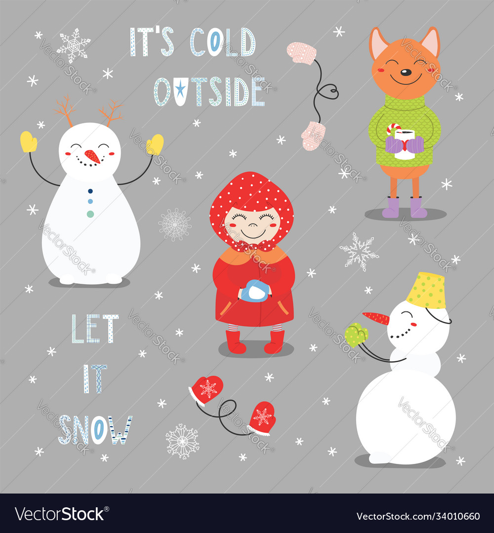 Set hand drawn winter cartoon characters Vector Image Set hand drawn winter cartoon characters Vector Image