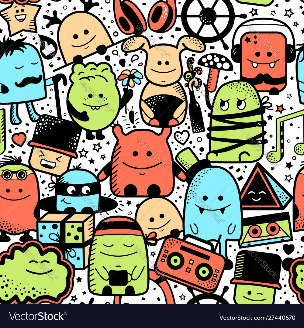 Seamless pattern cartoonish monsters characters Vector Image