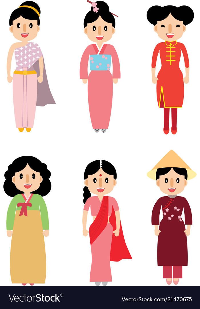 Asians in national clothes. Central Asia. Set of cartoon characters in  traditional costume. Cute people. Vector flat illustrations. Stock Vector