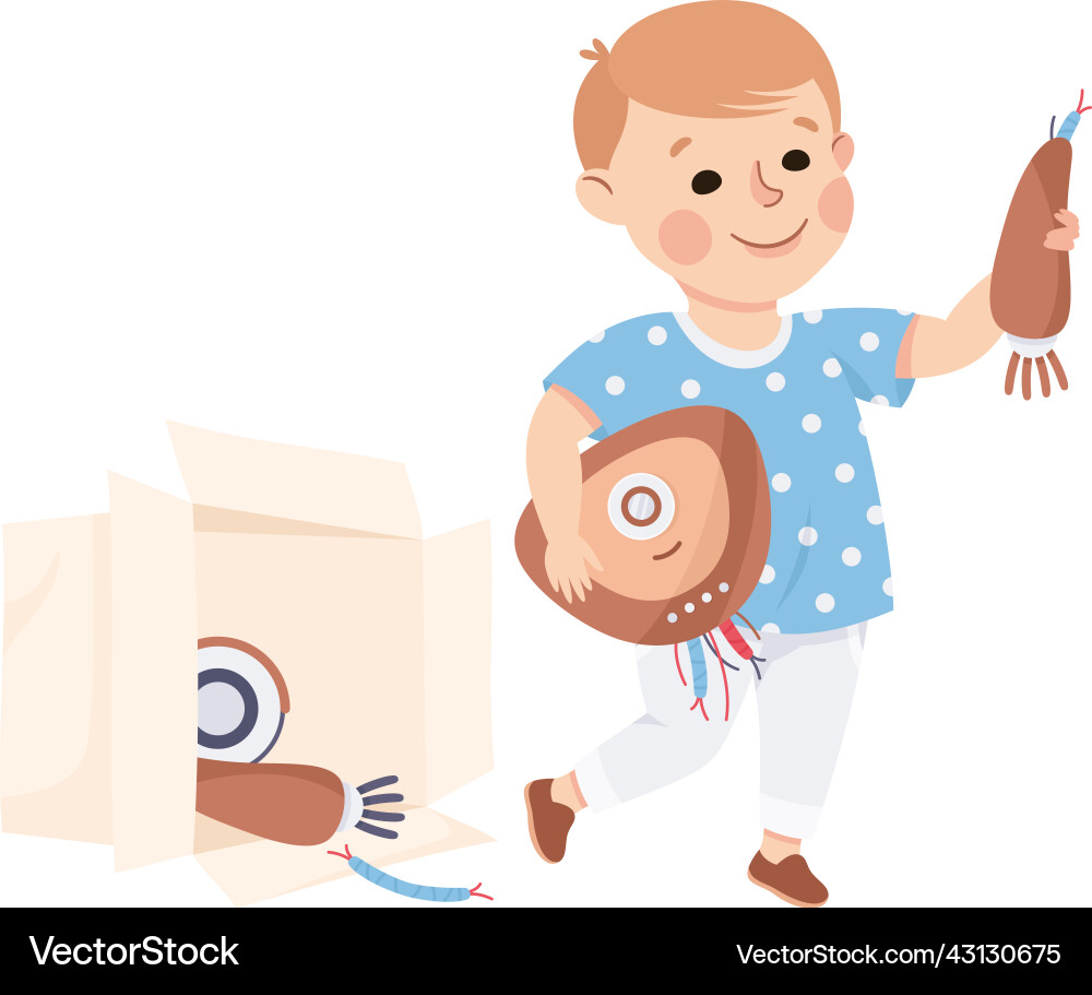 Little boy with robot spare parts engineering Vector Image