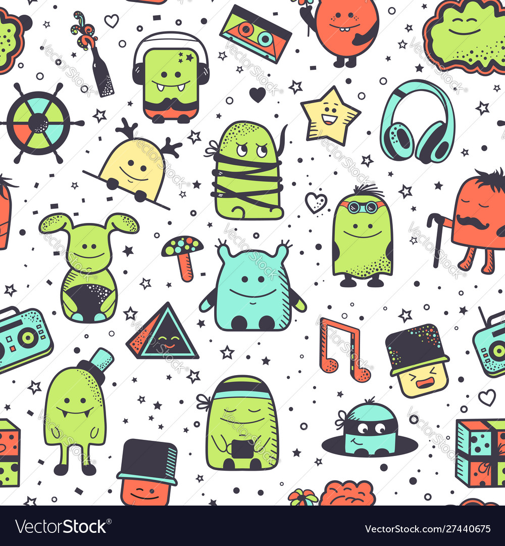 Seamless pattern cartoonish monsters characters Vector Image