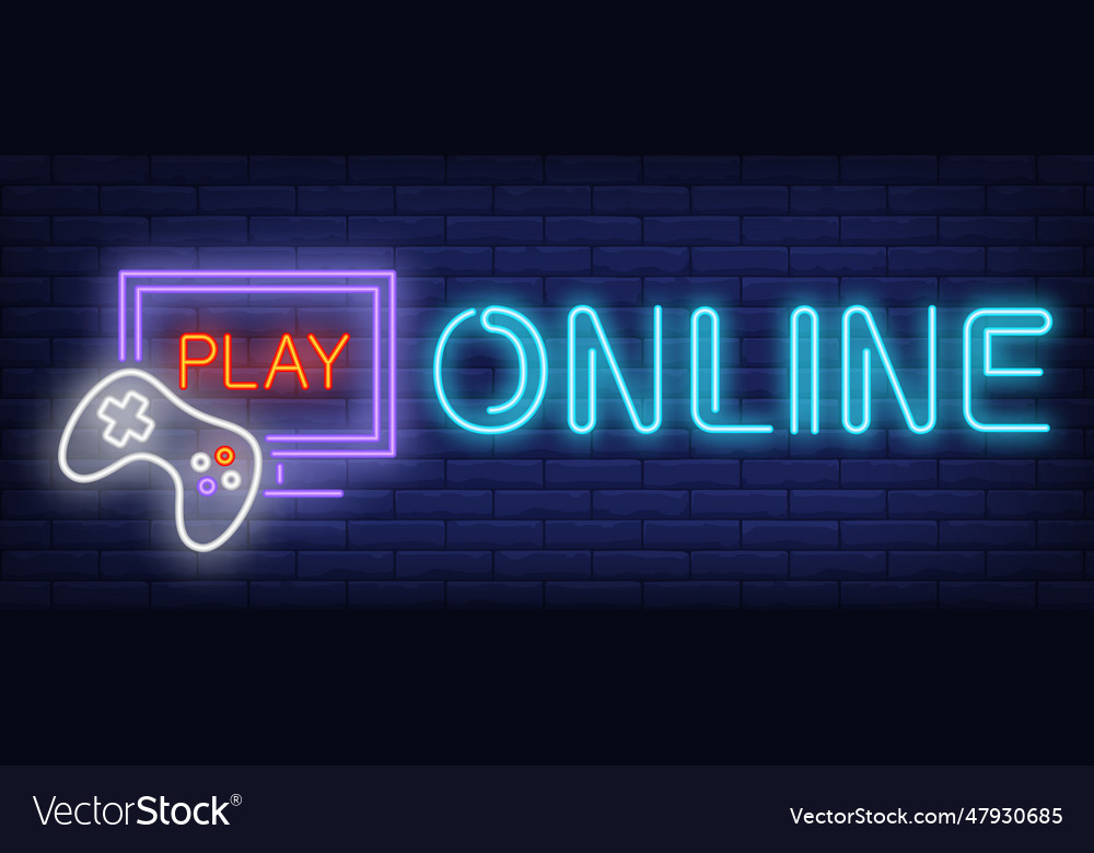 Online play neon text with game console Royalty Free Vector