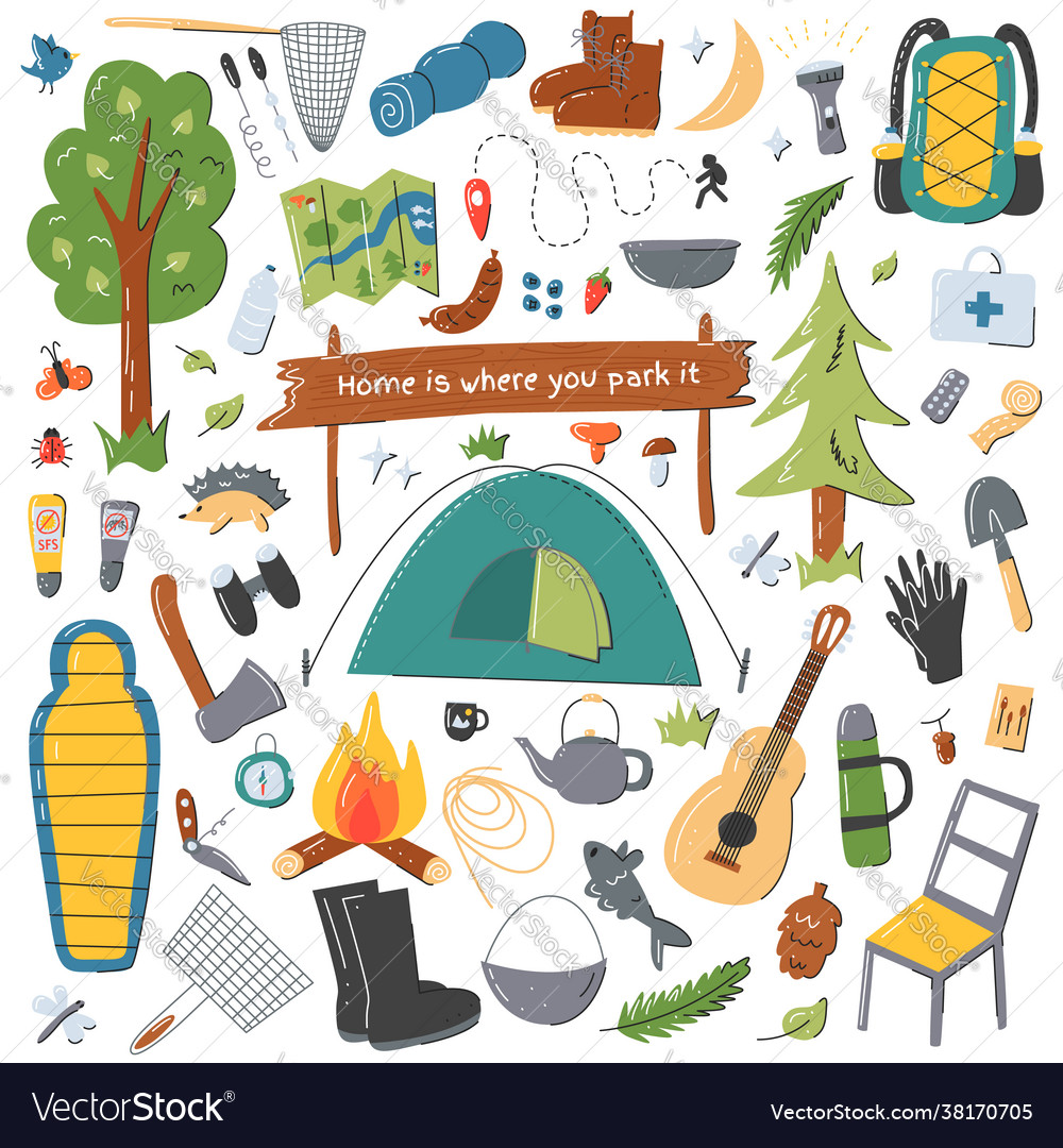 Camping equipment elements set isolated on white Vector Image