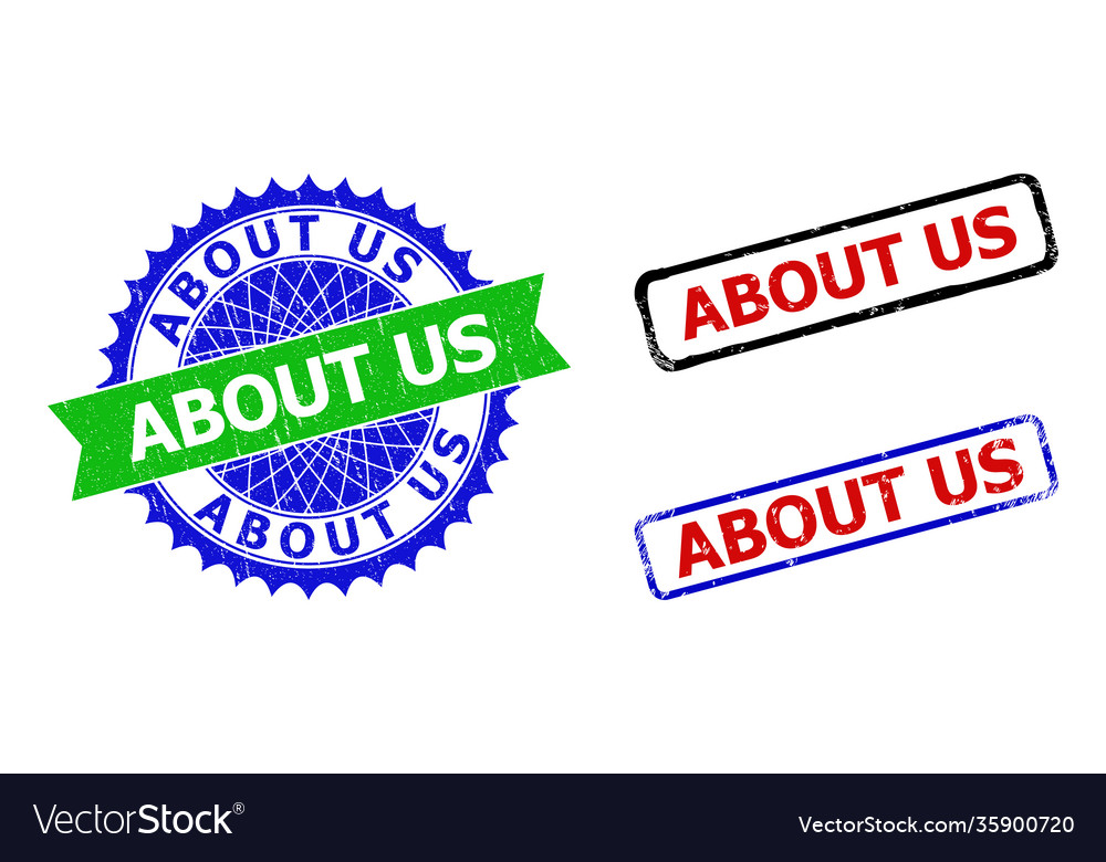 About Us Rosette And Rectangle Bicolor Seals Vector Image