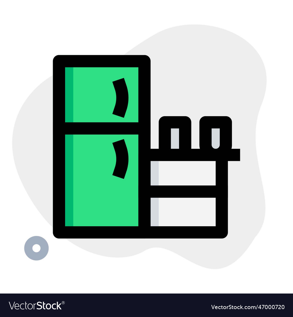 Office pantry setup with refrigerator and supplies