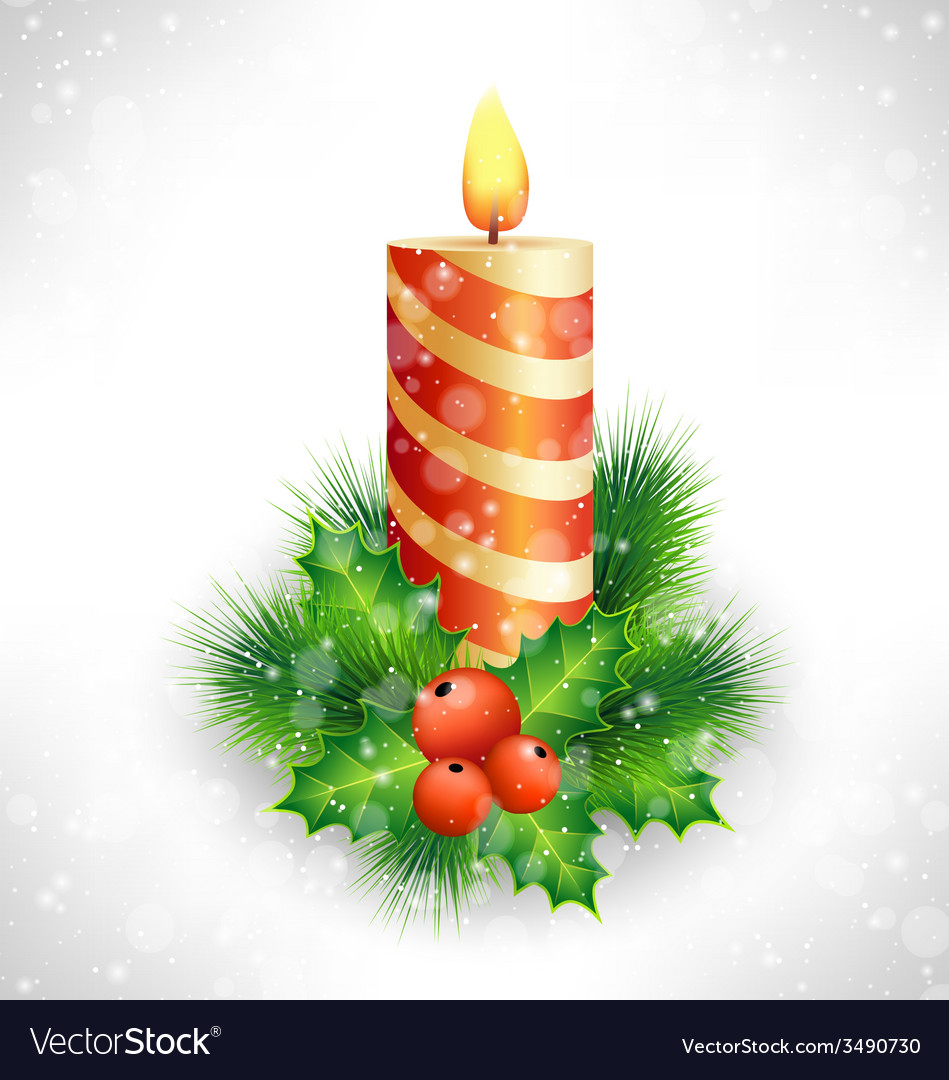 Christmas candle with holly and pine on grayscale Vector Image