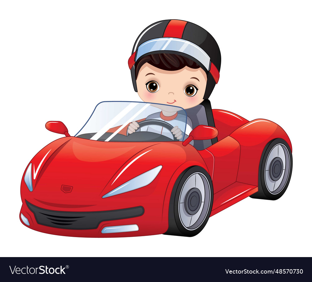 Cute little boy driving racing car Royalty Free Vector Image