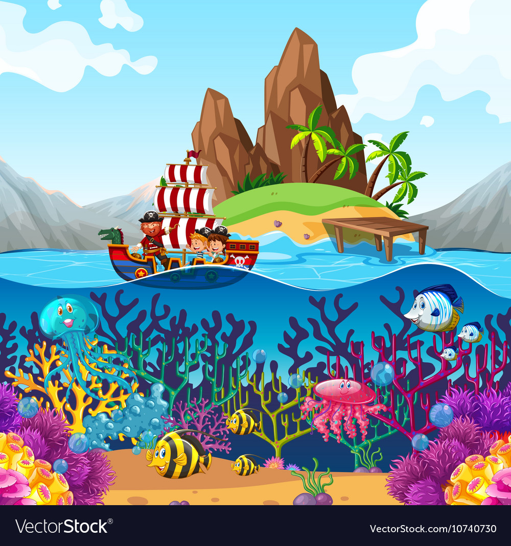 Scene with pirate ship in the ocean Royalty Free Vector